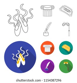 Pointe shoes, column, theater ticket, inkwell with feather. Theater set collection icons in outline,flat style vector symbol stock illustration web.