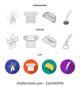 Pointe shoes, column, theater ticket, inkwell with feather. Theater set collection icons in flat,outline,monochrome style vector symbol stock illustration web.