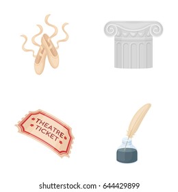 Pointe shoes, column, theater ticket, inkwell with feather. Theater set collection icons in cartoon style vector symbol stock illustration web.