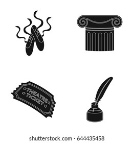 Pointe shoes, column, theater ticket, inkwell with feather. Theater set collection icons in black style vector symbol stock illustration web.