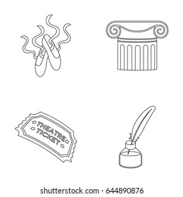 Pointe shoes, column, theater ticket, inkwell with feather. Theater set collection icons in outline style vector symbol stock illustration web.