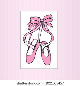 Pointe shoes of delicate pink color on a striped background