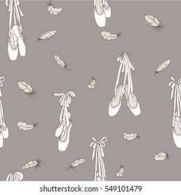 Pointe shoes and feathers. Seamless vector pattern. White on gray background.