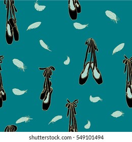 Pointe shoes and feathers. Seamless vector pattern. Black on blue background.