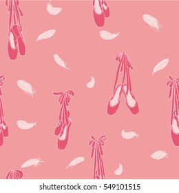 Pointe shoes and feathers. Seamless vector pattern. Pink on pink background.