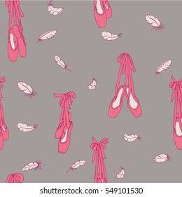 Pointe shoes and feathers. Seamless vector pattern. Pink on gray background.