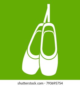 Pointe shoes icon white isolated on green background. Vector illustration