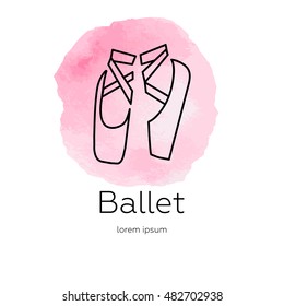 Pointe shoes - logo made in trendy line stile. Abstract watercolor background. Vector. Ballet series. Isolated on background and easy to use. Clean and minimalistic symbol.