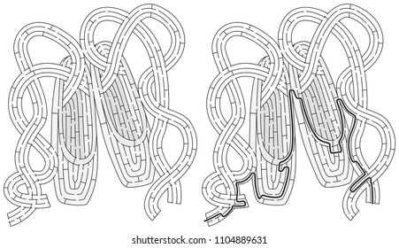 Pointe Shoes maze for kids with a solution in black and white