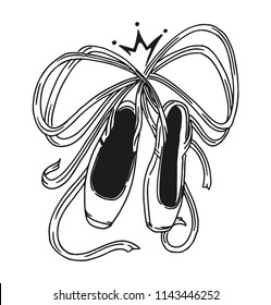 Pointe shoes with ribbons tied in a bow, sticker, emblem, symbol of a ballet school