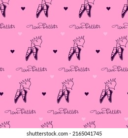 pointe shoes seamless pattern on pink background. Love Ballet text and hearts repeat print in pink colors