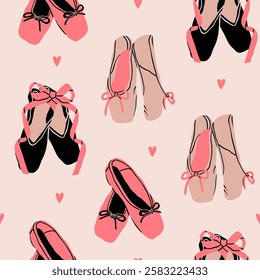 Pointe Shoes set. Pink, black, white ballet shoes with ribbons. Dance, ballet school, ballerinas footgear, gymnastic performance concept. Hand drawn trendy Vector illustration. Square seamless Pattern