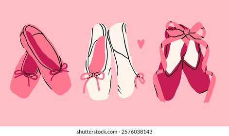 Pointe Shoes set. Pink, white ballet shoes with ribbons. Dance, ballet school, ballerinas footgear, gymnastic performance concept. Hand drawn trendy Vector illustration. Isolated design elements