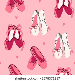 Pointe Shoes set. Pink, white ballet shoes with ribbons. Dance, ballet school, ballerinas footgear, gymnastic performance concept. Hand drawn trendy Vector illustration. Square seamless Pattern