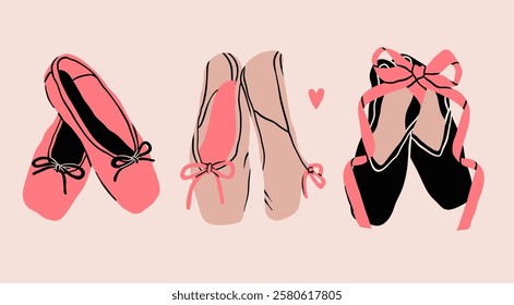 Pointe Shoes set. Various ballet shoes with ribbons. Dance, ballet school, ballerinas footgear, gymnastic performance concept. Hand drawn trendy Vector illustration. Isolated design elements