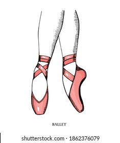 Pointe shoes, sketch hand drawn illustration,isolated. Ballerina on the pink pointes.Artist or woman in the ballet studio.