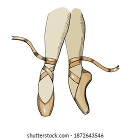 Pointe shoes, sketch hand drawn illustration,isolated. Ballerina on the beige pointes.Artist or woman in the ballet studio.