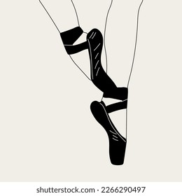 Pointe shoes, sketch hand drawn illustration. Ballerina on the pink pointes in monochrome style. Artist or woman in the ballet studio.	