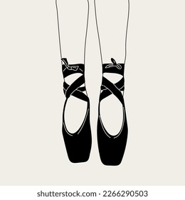 Pointe shoes, sketch hand drawn illustration. Ballerina on the pink pointes in monochrome style. Artist or woman in the ballet studio.	