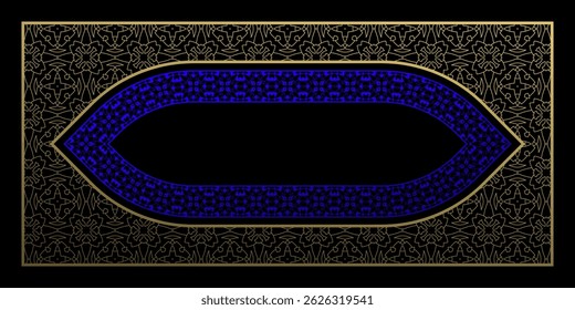 Pointed arabesque frame in golden floral ornament with deep blue accents. Perfect for formal announcements, packaging, or digital art.