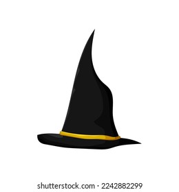 Pointed black witch hat. Magician sorcerer headdress for halloween magic and witchcraft with pointed crown stylish decoration for party and vector holidays