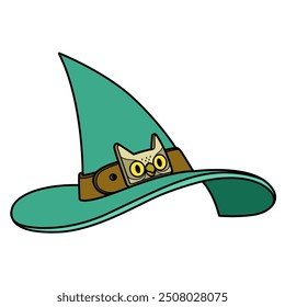 Pointed green witch hat with owl head buckle color variation. Image produced without the use of any form of AI software at any stage.