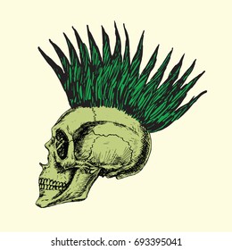 Pointed Iroquois type on skull profile, hand drawn doodle, sketch in woodcut style, color vector illustration