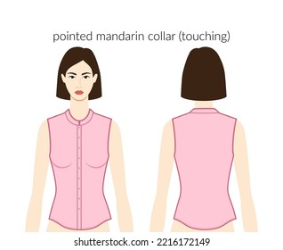 Pointed Mandarin Collar Touching Neckline, Plackets Clothes Character In Pink Top, Dress Technical Fashion Illustration With Fitted Body. Flat Apparel Template Front, Back Sides. Women, Men Unisex CAD