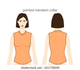 Cara de collar de cuello de mandarina apuntada, bella dama con la parte superior naranja, ilustración de moda técnica de camisa con el cuerpo montado. Plantilla plana de prendas delanteras, laterales traseros. Mujeres, hombres se burlan de CAD