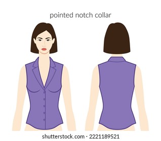 Pointed notch collar neckline clothes character beautiful lady in purple top, shirt technical fashion illustration, fitted body. Flat apparel template front, back sides. Women, men unisex CAD mockup