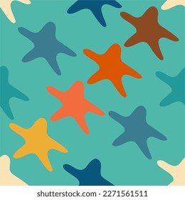 Pointed shining stars composition, pop art groovy ornament 70s flat star for print, vector illustration. Design for paper, print, fabric, wallpaper, packaging, textile. Pattern
