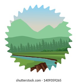 Pointed sticker frame nature scene landscape tree line water river mountains 3d vector illustration graphic design