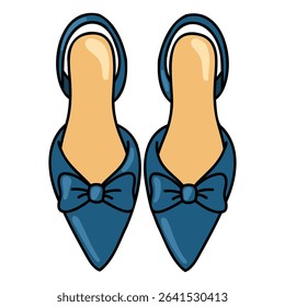Pointed toe slingback shoes. Blue kitten heel pumps with bows. Trendy elegant summer footwear 
