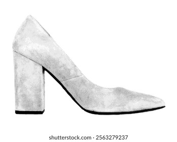 Pointed toe suede heels for women, viewed from the side in profile. Modern, trendy footwear in retro, vintage grayscale design with halftone texture. Vector illustration isolated