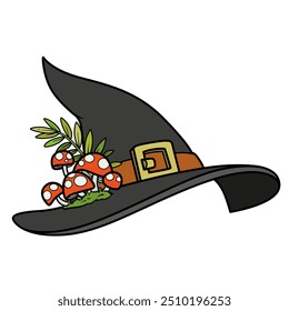 Pointed village witch hat with red fly agarics color variation. Image produced without the use of any form of AI software at any stage.