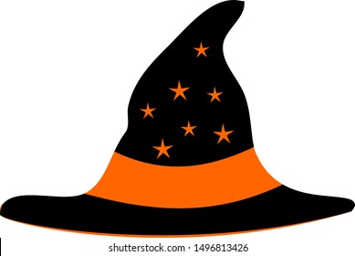 Pointed witch hat with orange stars and band decoration