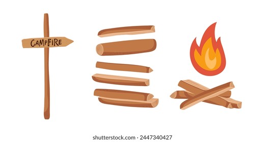 Pointer arrow Campfire. Fire, wood industry materials, stacked brushwood and firewood vector illustration set. Fire with chopped wood. Sticks or firewood burn. Vector hand drawn illustration isolated.