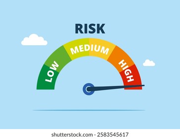 Pointer arrow on a risk high meter. Speedometer is high, medium, low. Modern flat vector illustration.