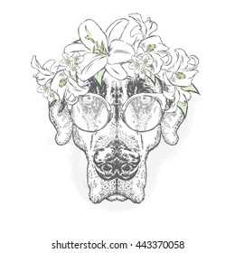 Pointer. Beautiful Dog in a wreath of flowers. Vector illustration for greeting card, poster, or print on clothes. Fashion & Style. Hipster.