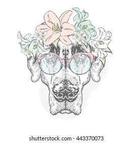Pointer. Beautiful Dog in a wreath of flowers. Vector illustration.
