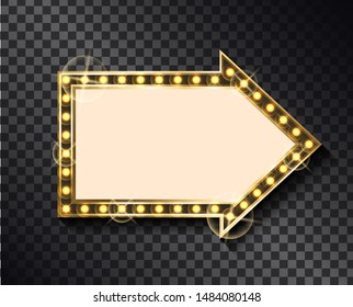 Cartelera del puntero con las bombillas de neón brillantes aisladas en fondo transparente. Cartel de la flecha del Vector que señala la manera, señalización retro con destellos dorados