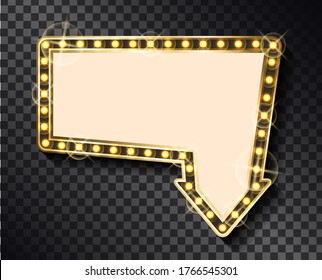 Pointer billboard with glittering neon light bulbs showing down, way indicator isolated on transparent background. Vector arrow billboard pointing road