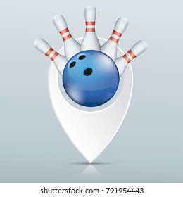 Pointer with blue bowling ball and pins gray mirror background. Eps 10 vector file.