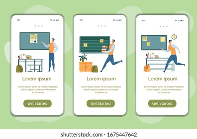 Pointer, Chalkboard and Books as Enthusiastic Teachers Inventory. Young Man Rushing into Classroom to Get Started. Teacher Being Late to Class. Set Three Landing Pages with Copy Space for Extra Text.