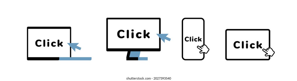 Pointer click arrow on computer, phone, laptop and tablet. Design for web template, clicking, search and app . Vector illustration.