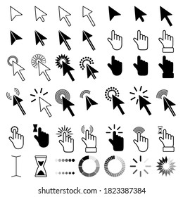 Pointer click icon. Clicking cursor, pointing hand clicks and waiting loading icons. Pixel hand, pointer hand, arrow and hourglass logo vector isolated icons set