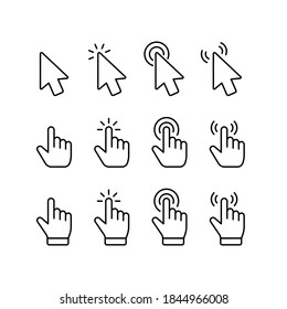 Pointer click icon. Clicking cursor, pointing hand clicks icons vector collection. Line style