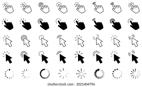 Klicken Sie auf das Symbol. Klicken Sie auf den Cursor, zeigen Sie mit einem Mausklick und warten Sie darauf, Symbole zu laden. Website-Pfeile oder Hände Cursorwerkzeuge, Computer-Interface-Taste. Kollektion isolierter Vektorsymbole