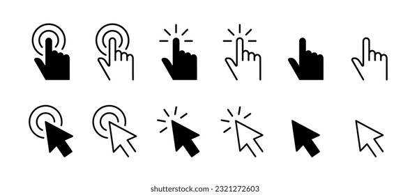 Pointer click icon. Clicking cursor, pointing hand clicks and waiting loading icons. Website arrows or hands cursors tools, computer interface button. Vector isolated symbols collection