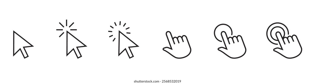 Pointer click icon. Clicking cursor, pointing hand clicks icons. Website arrows or hands cursors tools, computer interface button. Isolated vector symbol set.